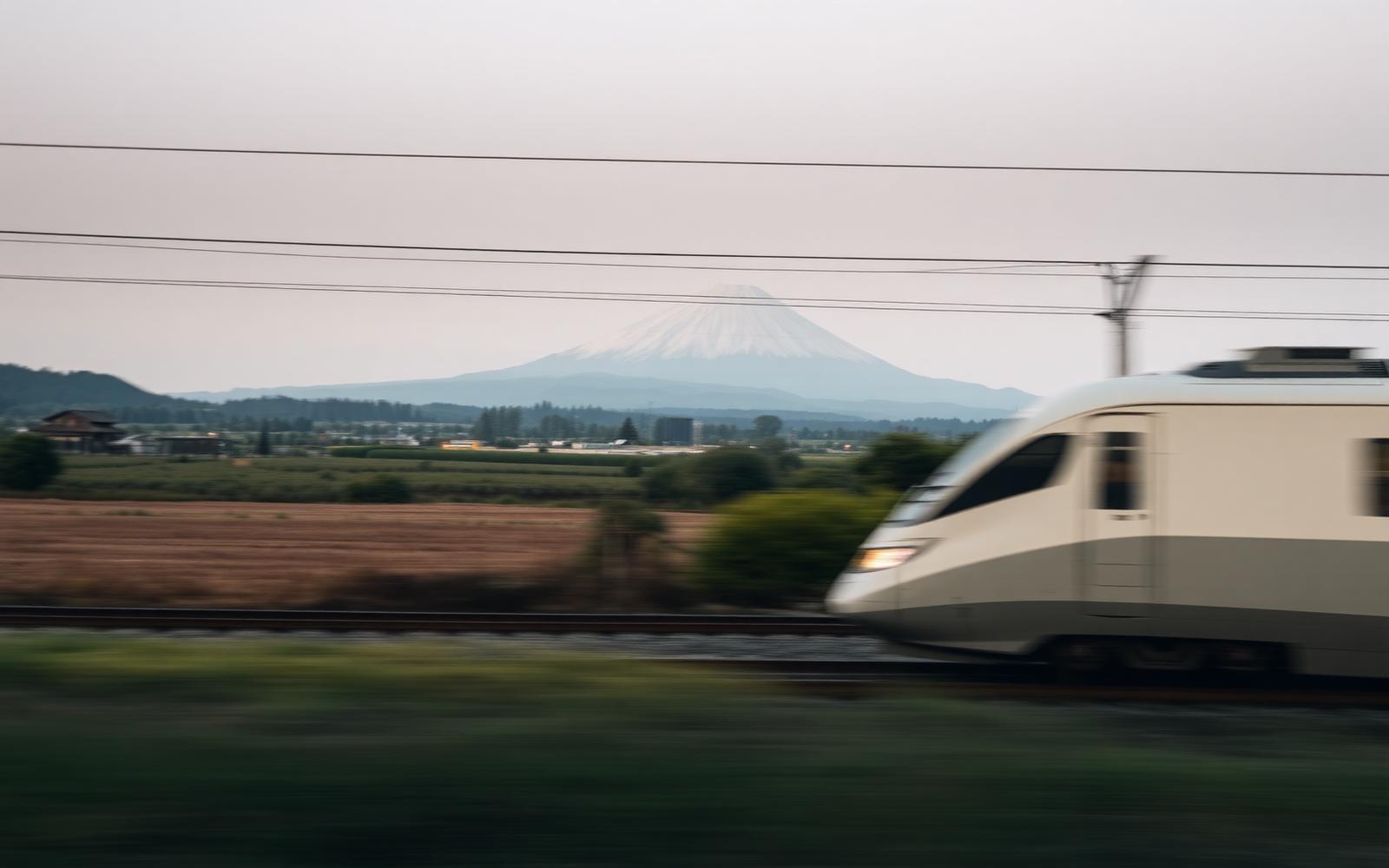 Shinkansen cruzando el campo japonés con el Fuji al fondo